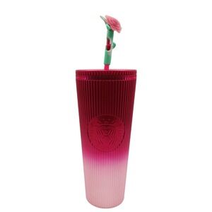 Starbucks 24oz Pink Red Ombre Ribbed Venti Tumbler with Rose Straw Topper 2023